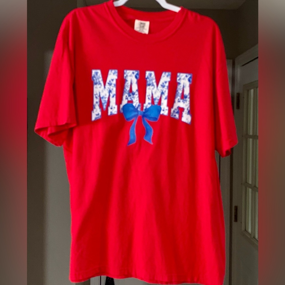 Comfort Colors Red Tee with Blue Bow and MAMA Design